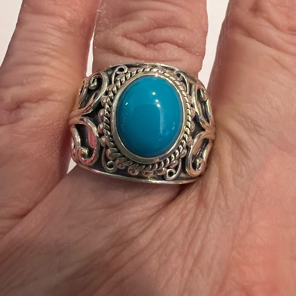 925 Sterling Silver Sleeping Beauty Turquoise 8 x 10mm oval, wide band ring